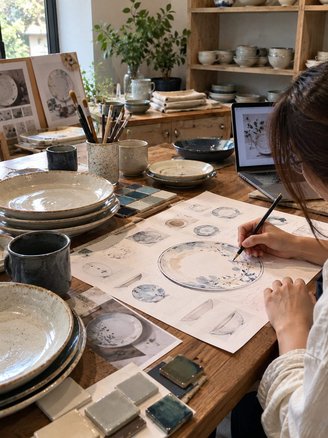 Ceramic dinnerware styled on a dining table; illustrative placeholder image